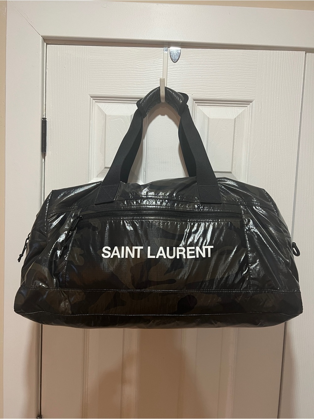Saint Laurent Black Camouflage Duffel with White Logo